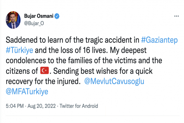 Bakan Osmani’den Gaziantep’teki kazada hayatını kaybedenler için taziye